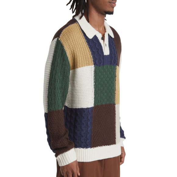 Obey Oliver Multicolor Chunky knit Patchwork Polo Sweater Men's L - Picture 4 of 11